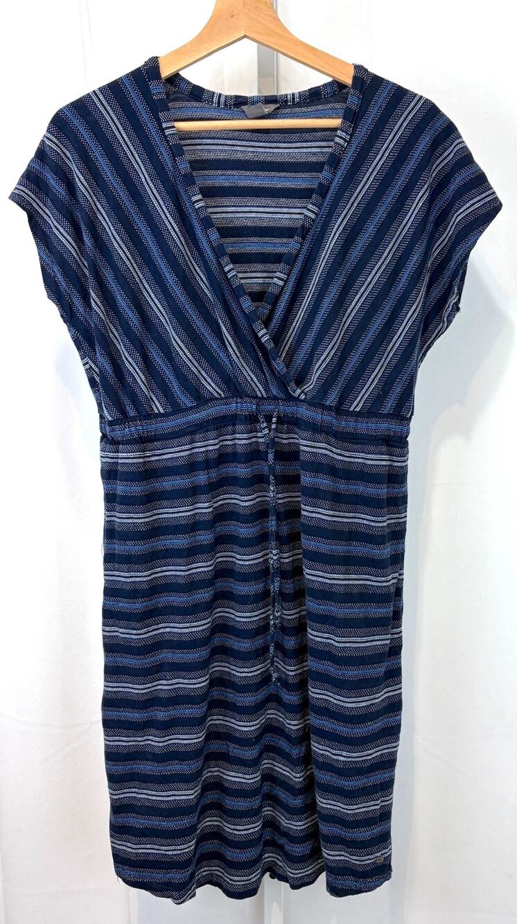 EDDIE BAUER Striped Surplice V Neck Fixed Wrap Dress Short Sleeve Cotton Blue M